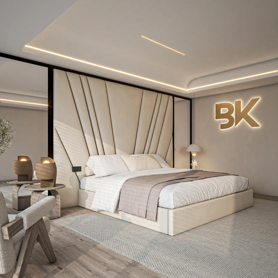 Storage bed with tall upholstered headboard and mirrors made by Bedroomking