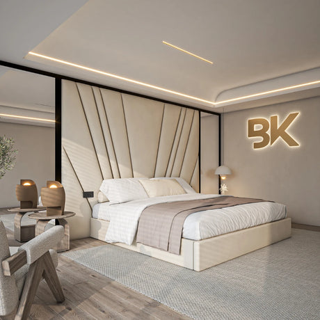 Storage bed with tall upholstered headboard and mirrors made by Bedroomking