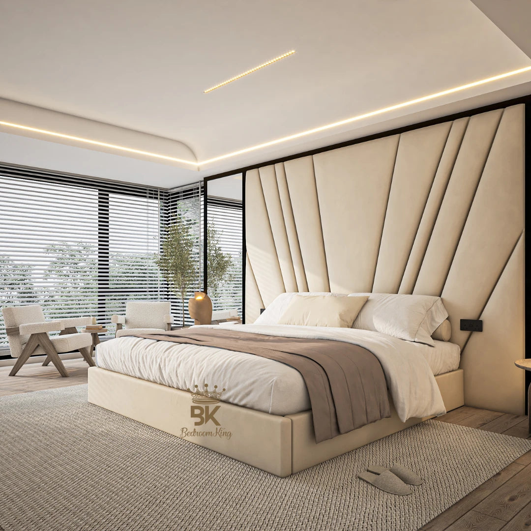 King size storage bed frame with mirror wall panel made by Bedroomking