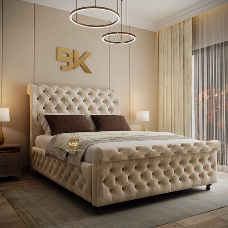 Serene 2026 cream velvet sleigh bed, 6ft super king, 60-inch headboard with ottoman storage.