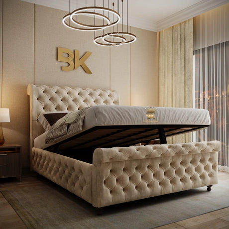 cream plush velvet upholstered sleigh bed, 6ft super king with ottoman storage
