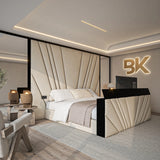 Belper bed featuring high headboard, built-in storage, and sleek mirror design