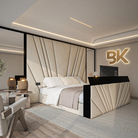 Belper bed featuring high headboard, built-in storage, and sleek mirror design