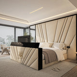 Supper king size TV storage bed frame in cream plush velvet made by Bedroomking