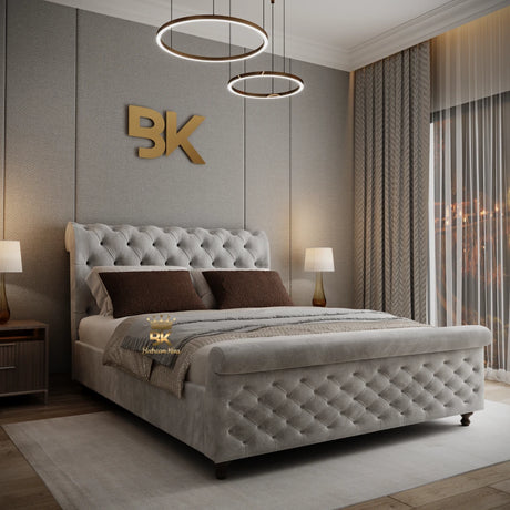 Upholstered Sleigh Bed Frame With Buttons - Storage Bed