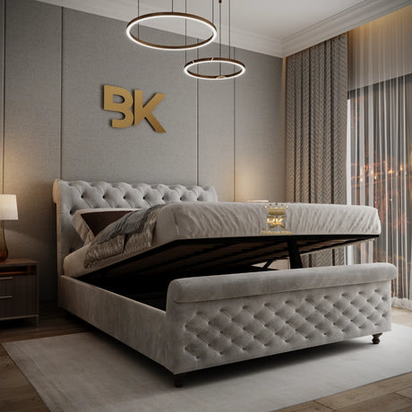 Sleigh Bed Frame With Optional Ottoman Storage - Metal Gas Lift Storage