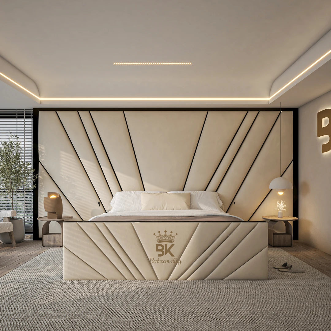 Wall panel storage bed with bold black border made by Bedroomking