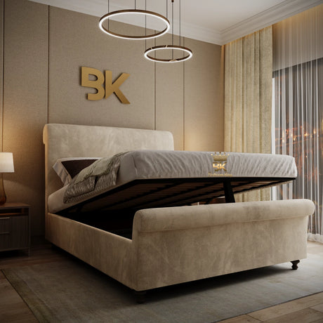 Sleigh Bed in cream plush velvet - Ottoman Storage Bed