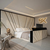 King size storage TV bed with wall panel design and black border detail