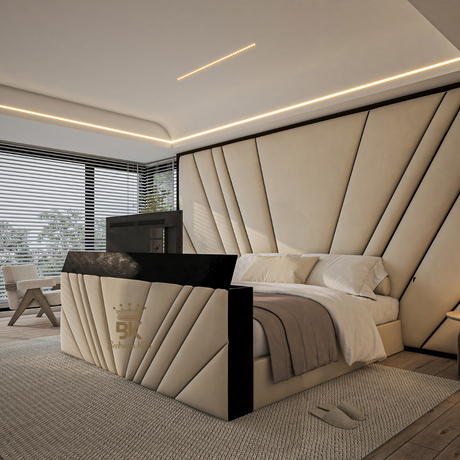 King size storage TV bed with wall panel design and black border detail