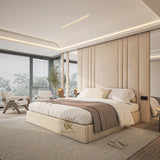 Wall panel bed frame with integrated storage and mirrors