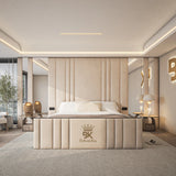 Luxury storage bed with wall panel design and mirrors made by Bedroomking