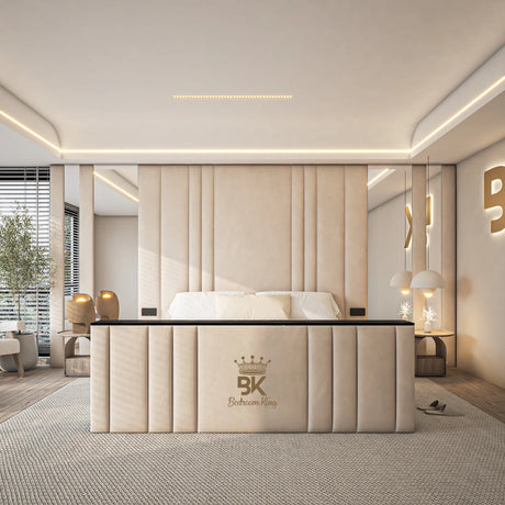 Shelley wall panel bed with hidden storage, TV lift, and elegant mirrors