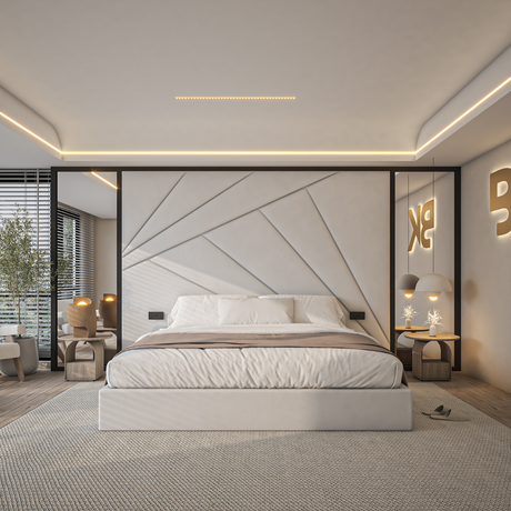 Modern Walpole storage bed with wall panels + mirror made by Bedroomking