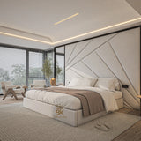 Wall panel storage bed with matching mirrors, modern upholstered bedroom