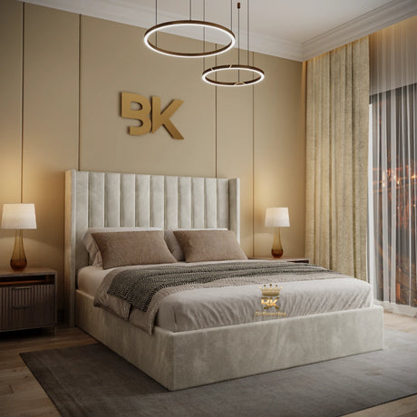 Upholstered Wingback Bed in cream plush velvet