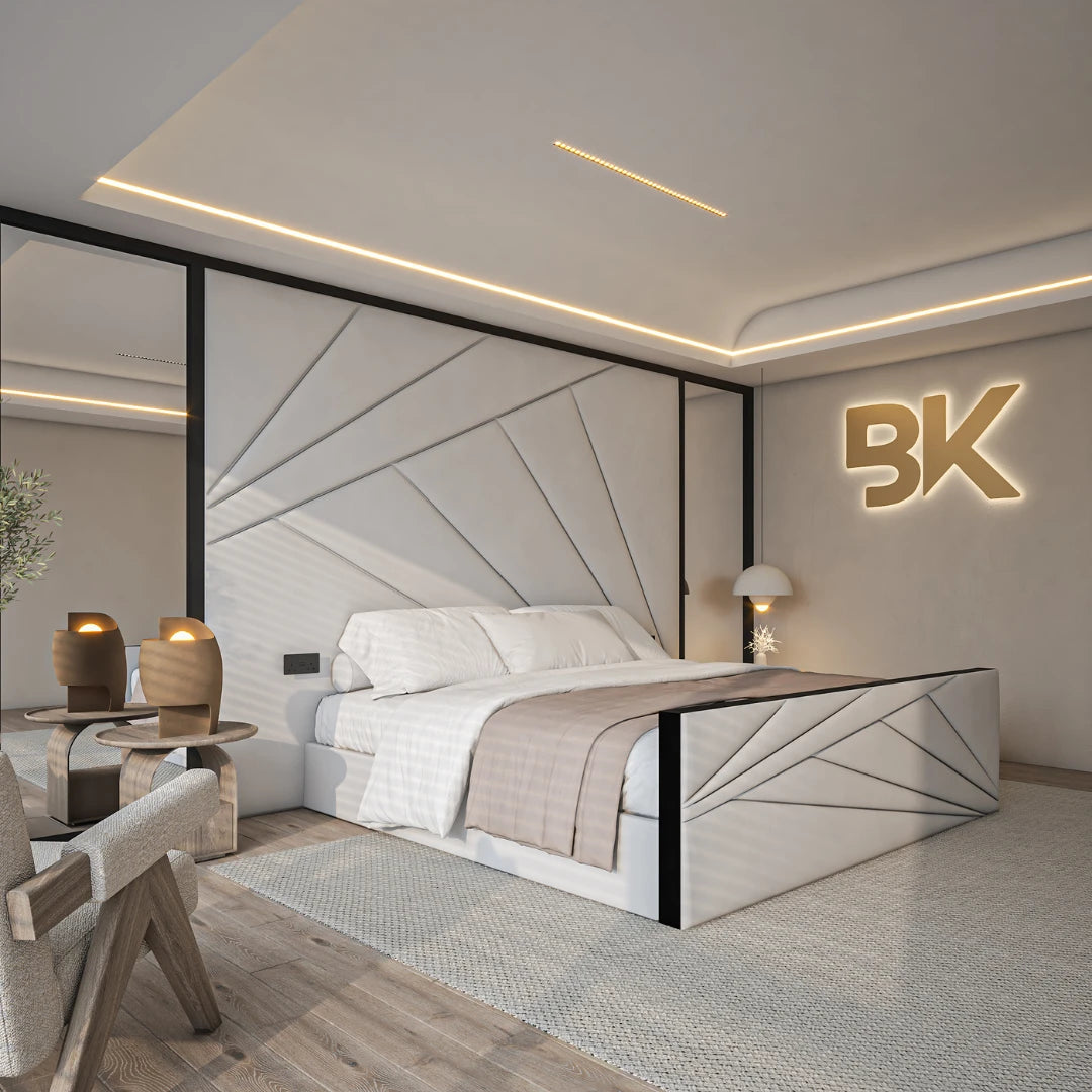 Mirror wall panels with storage options in cream plush velvet made by Bedroomking