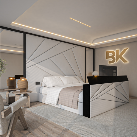 TV storage bed frame with mirror wall panel and black borders made by Bedroomking