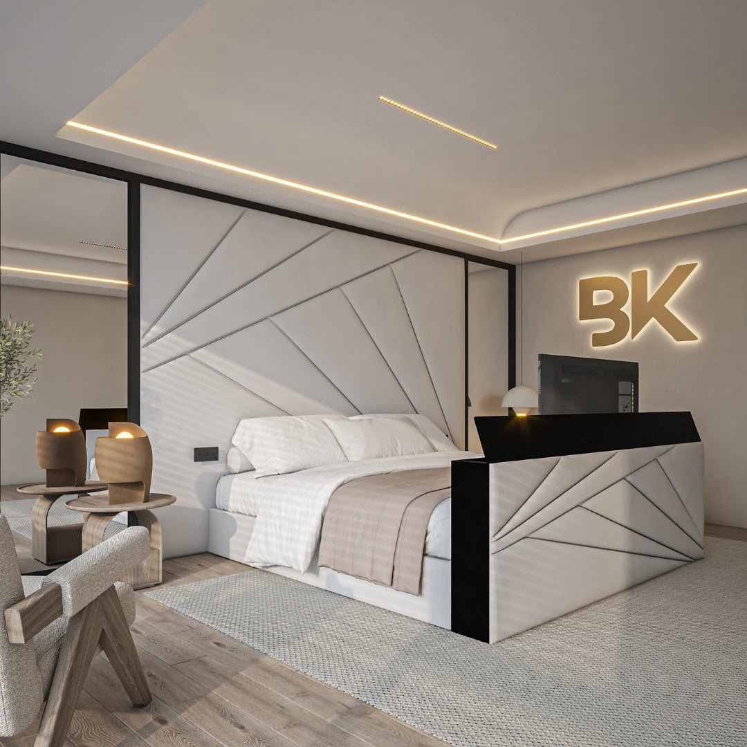 TV storage bed frame with mirror wall panel and black borders made by Bedroomking