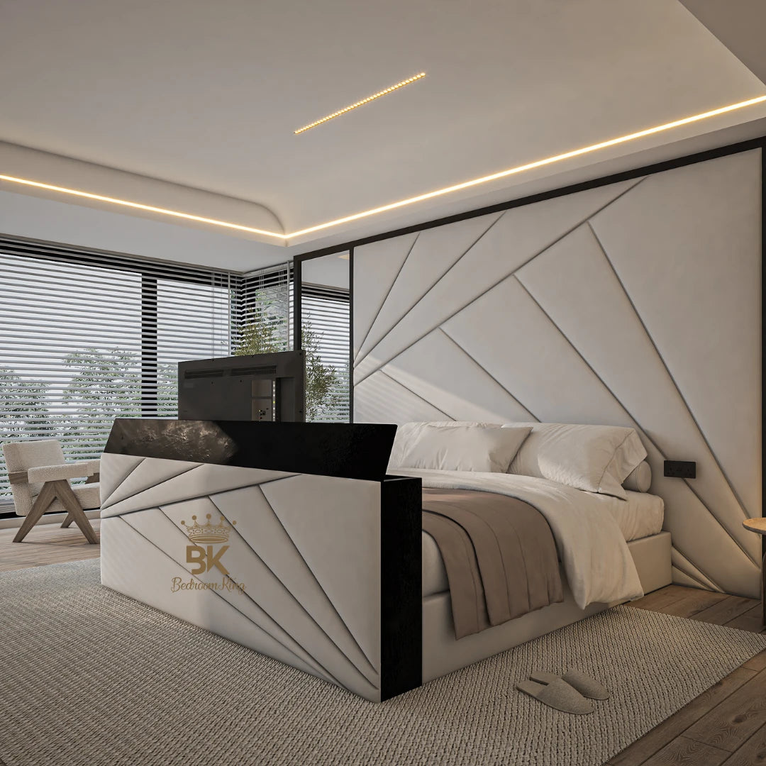 Upholstered storage bed with mirror wall panels made by Bedroomking