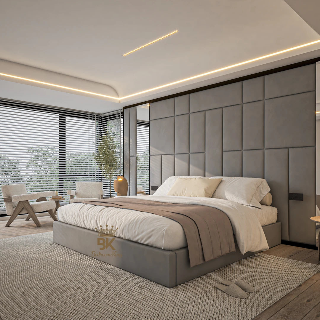 Grey upholstered storage bed frame with mirrors made by Bedroomking