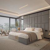 Grey upholstered storage bed frame with mirrors made by Bedroomking