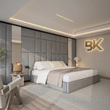 Grey upholstered storage bed frame with mirrors made by Bedroomking