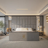 Upholstered mirror wall panel bed frame in grey plush velvet made by Bedroomking