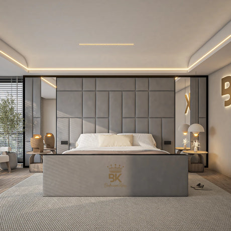 Upholstered mirror wall panel bed frame in grey plush velvet made by Bedroomking