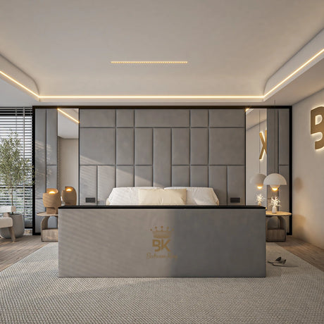 Upholstered storage bed with wall panels, integrated TV lift, and decorative mirrors.