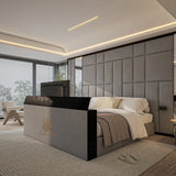 Upholstered storage bed with wall panels, integrated TV lift, and decorative mirrors.