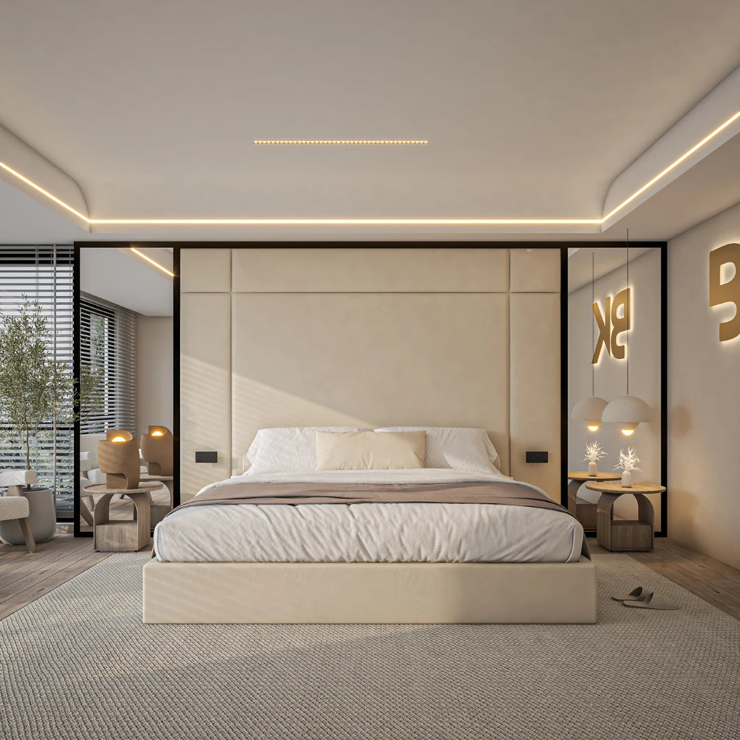 Wall panel high storage bed frame in cream plush velvet made by Bedroomking