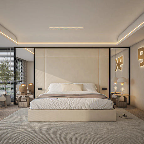 Wall panel high storage bed frame in cream plush velvet made by Bedroomking