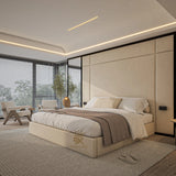 Wall panel high storage bed frame in cream plush velvet made by Bedroomking