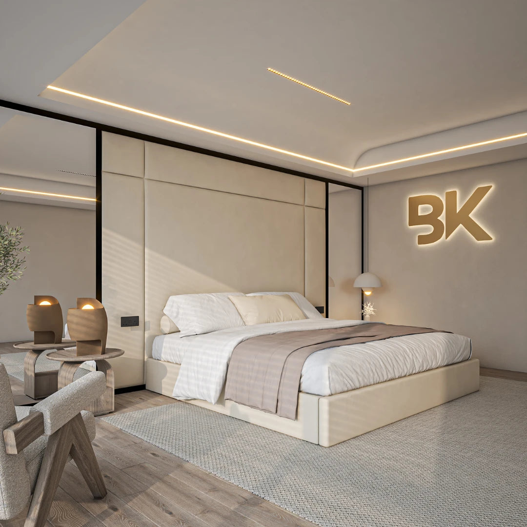 Wall panel high storage bed frame in cream plush velvet made by Bedroomking