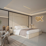 Wall panel high storage bed frame in cream plush velvet made by Bedroomking