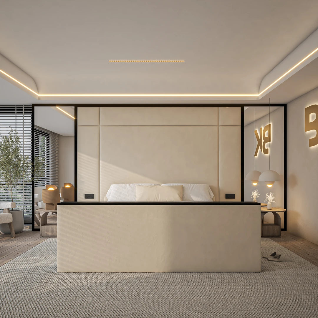 Wall panel storage bed with integrated TV lift and mirror made by Bedroomking