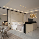 Wall panel storage bed with integrated TV lift and mirror made by Bedroomking