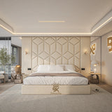 Upholstered storage bed frame + Wall panels with mirrors