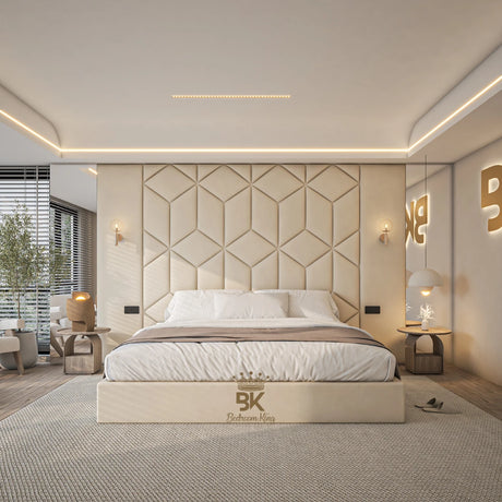 Upholstered storage bed frame + Wall panels with mirrors