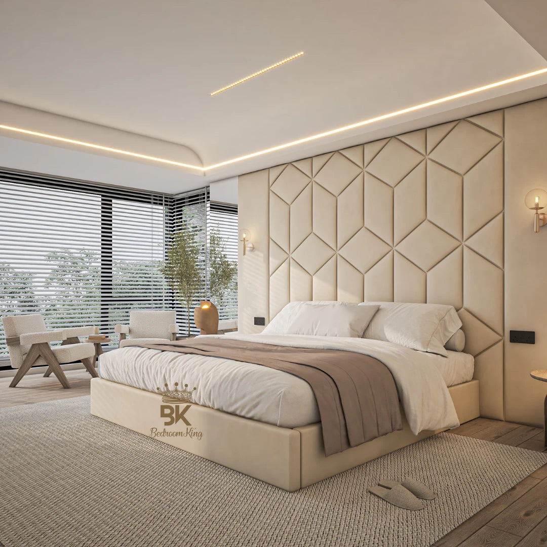 Upholstered storage bed frame + Wall panels with mirrors