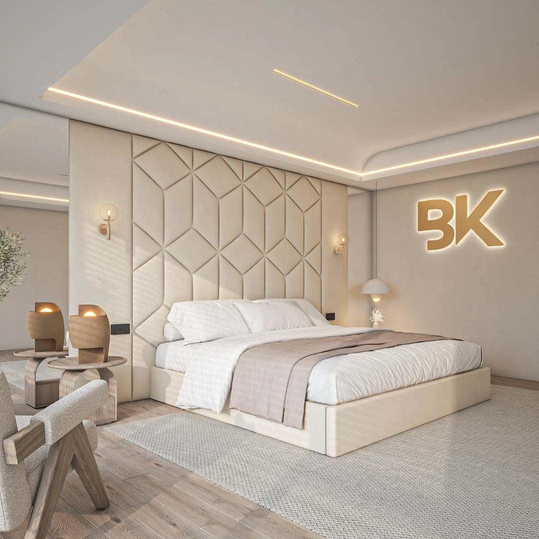 Upholstered storage bed frame + Wall panels with mirrors