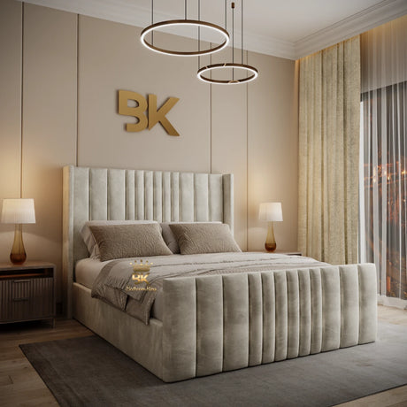 Cream plush wingback upholstered bed with tall padded headboard and optional ottoman storage base.