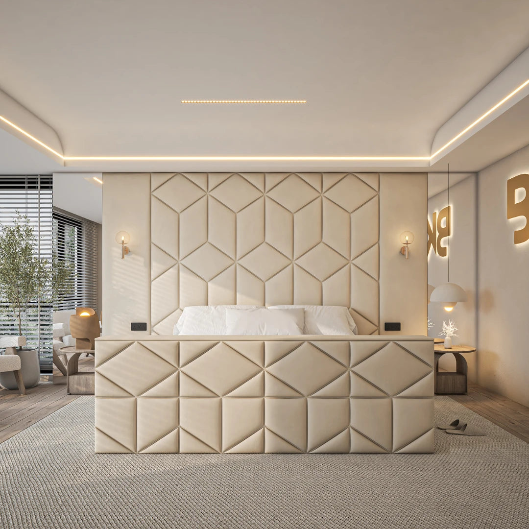 High headboard wall panel bed frame with mirrors and optional storage made by Bedroomking