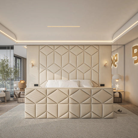 High headboard wall panel bed frame with mirrors and optional storage made by Bedroomking