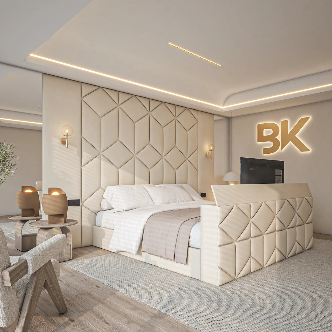 TV bed frame + wall panel with mirrors + King size bed