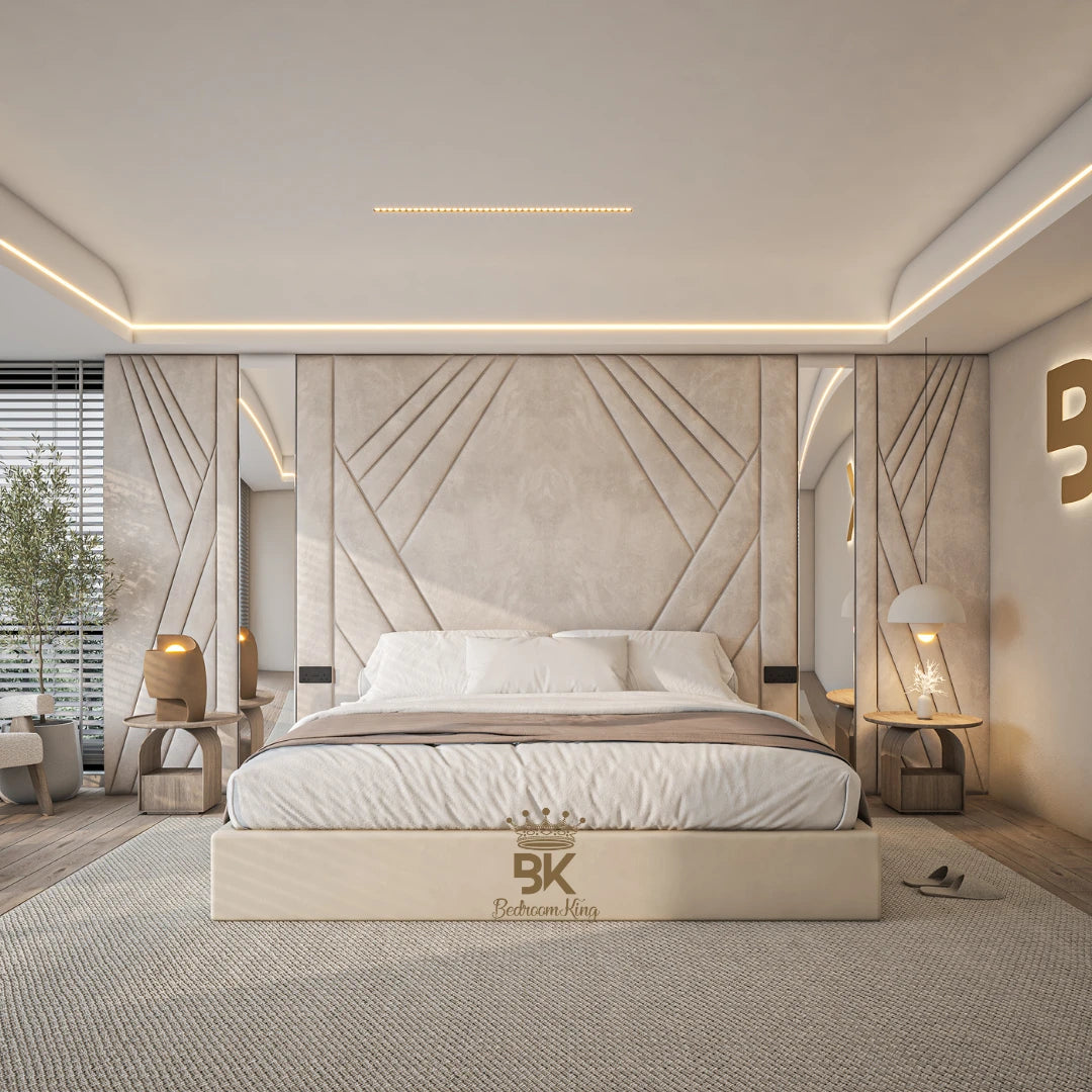 Wall panel bed frame with mirrors and super king size storage options made by Bedroomking