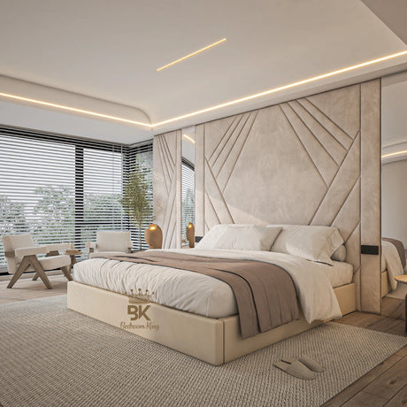 Wall panel storage cream bed frame + Mirrors 