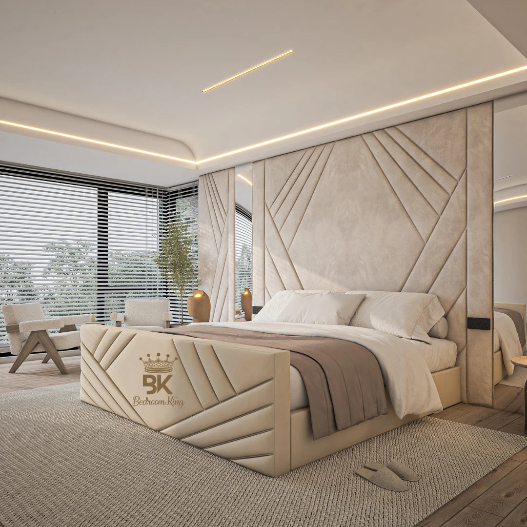 Wall Panel Storage Bed Frame with mirrored panels + King size storage bed