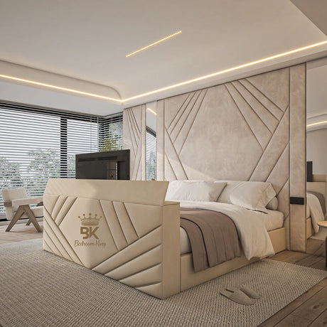 King size tv bed frame with mirror wall panel made by Bedroomking